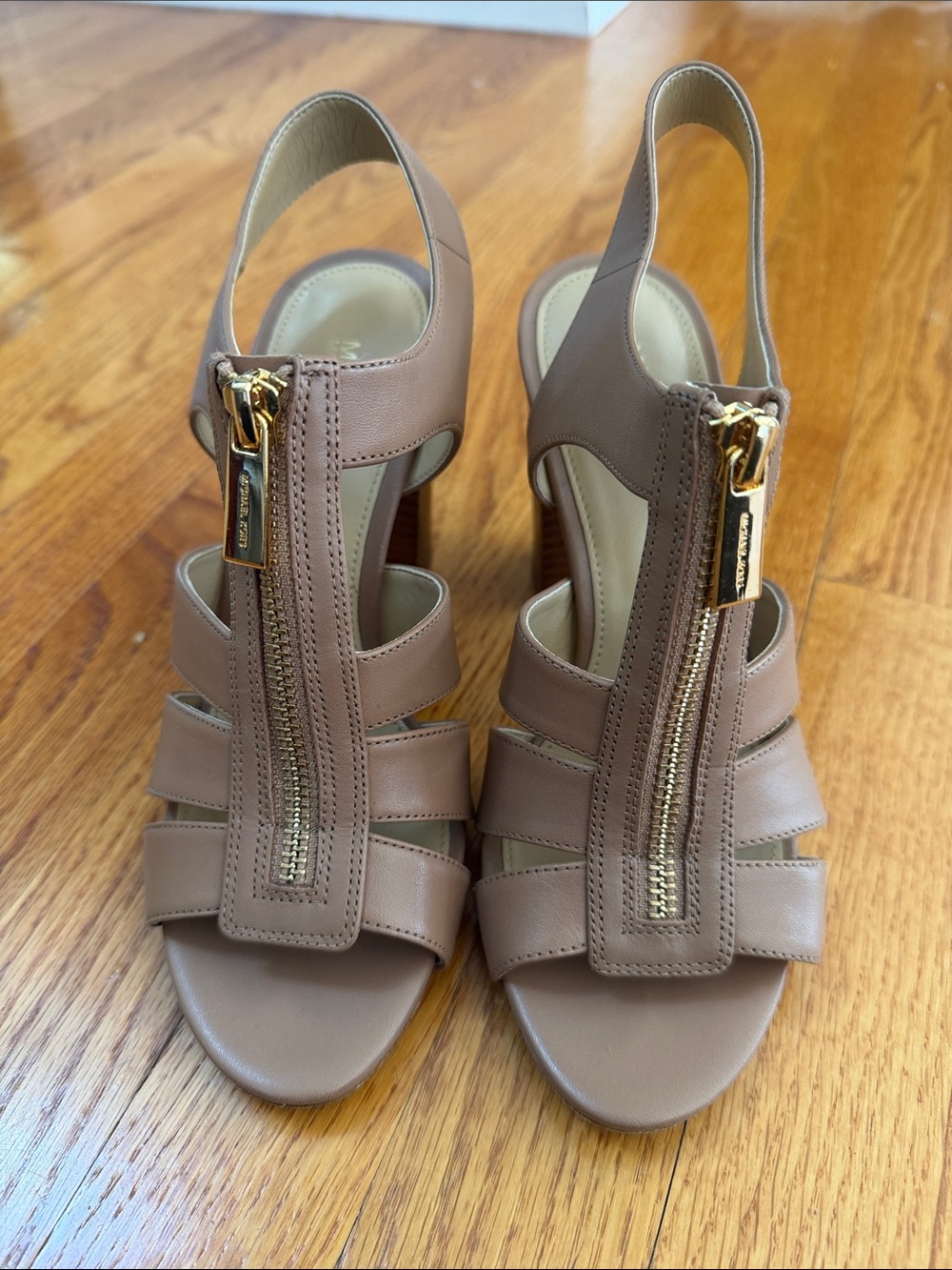 Michael Kors Taupe Leather Zip-Front Slingback Heels